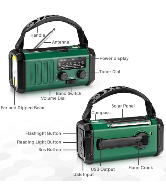 Nödradio - 10,000mAh inbyggd Powerbank, Lampa och Vevgenerator
